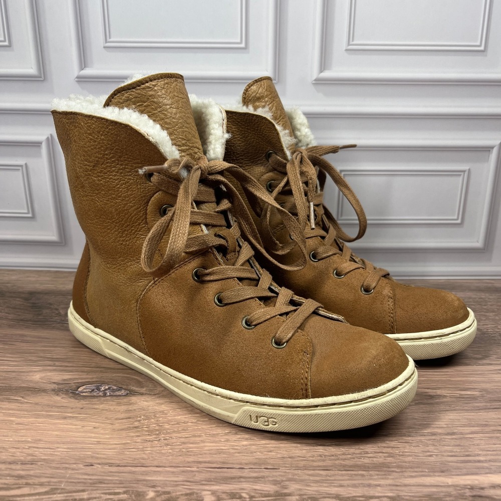 UGG Croft Lux High Top Sneaker Boots Women Brown Suede Shearling‎ Lined 8